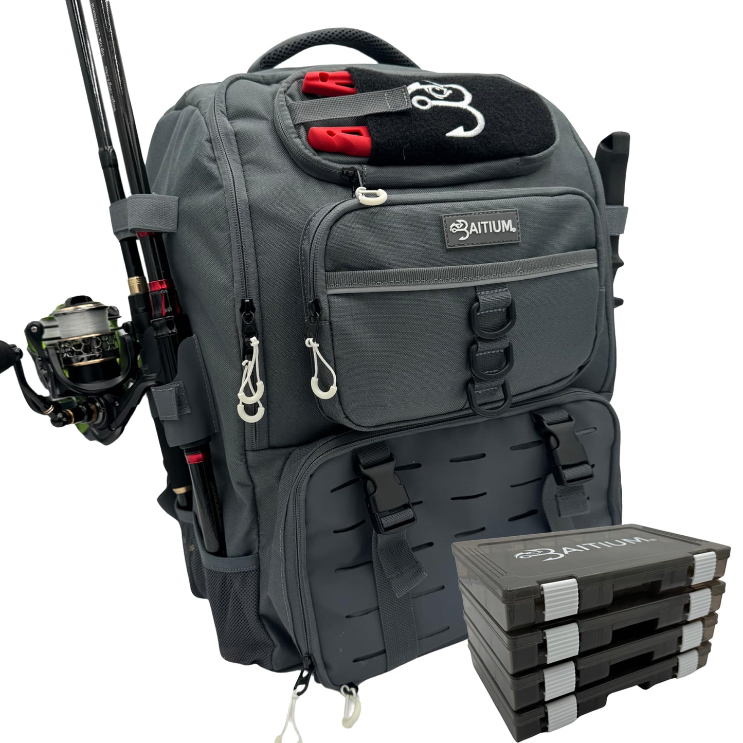 Baitium Fishing Backpack, Tackle Bag With Rod Holders, 40L Capacity With Cooler, Rain Cover, Insulated Pocket, 4 Tackle Trays Included- (Green)