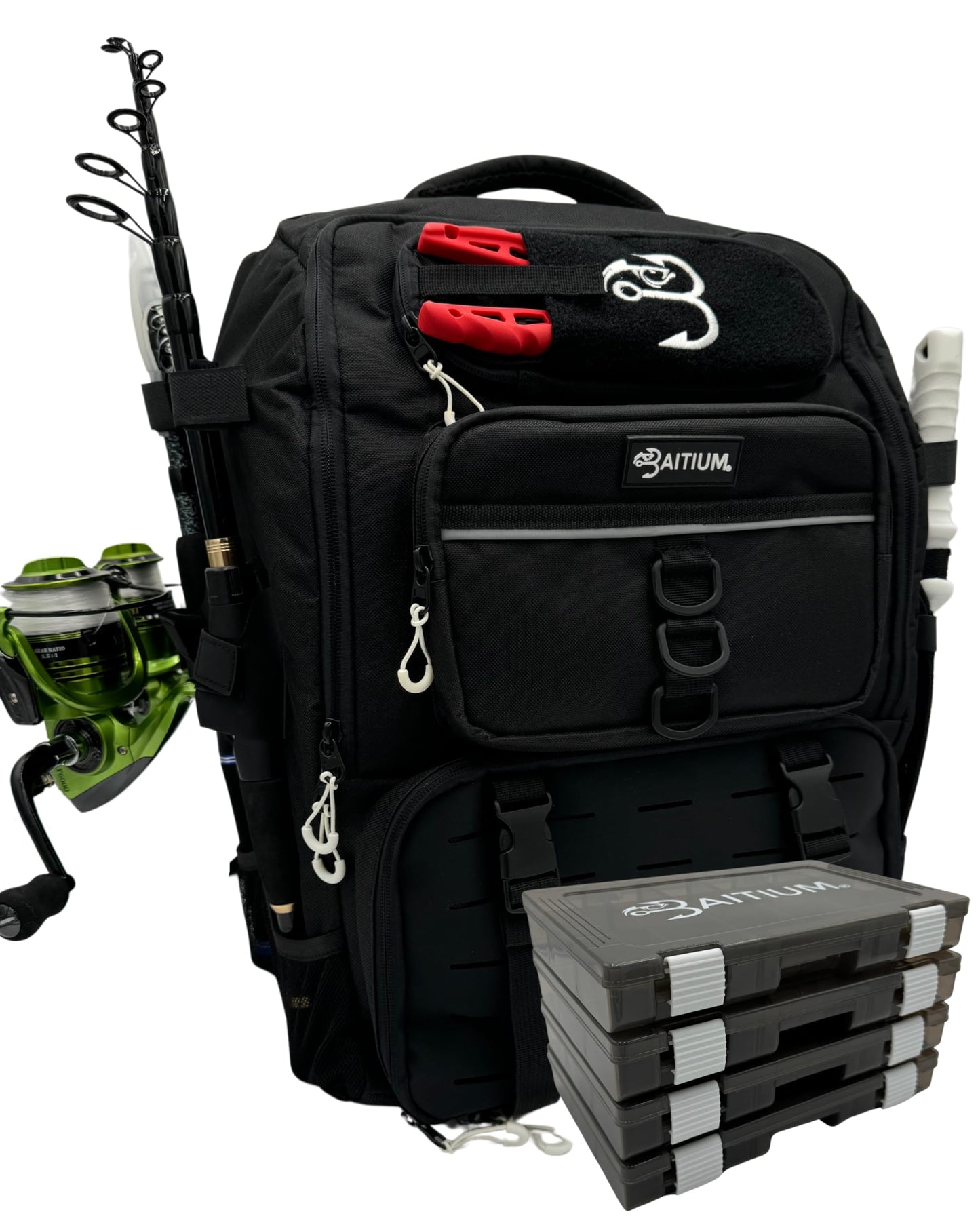 Baitium Fishing Backpack, Tackle Bag With Rod Holders, 40L Capacity With Cooler, Rain Cover, Insulated Pocket, 4 Tackle Trays Included- (Green)