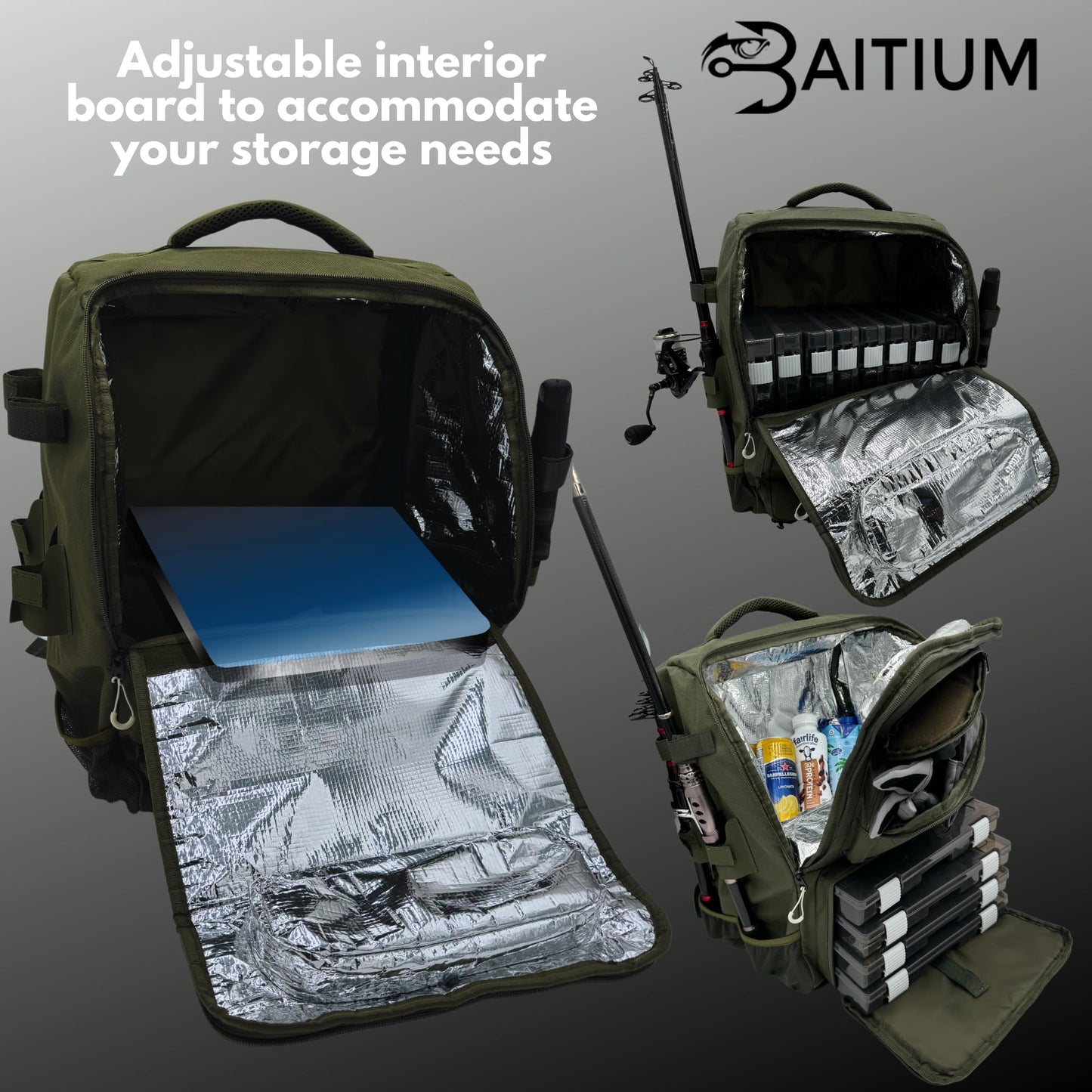 Baitium Fishing Backpack, Tackle Bag With Rod Holders, 40L Capacity With Cooler, Rain Cover, Insulated Pocket, 4 Tackle Trays Included- (Green)