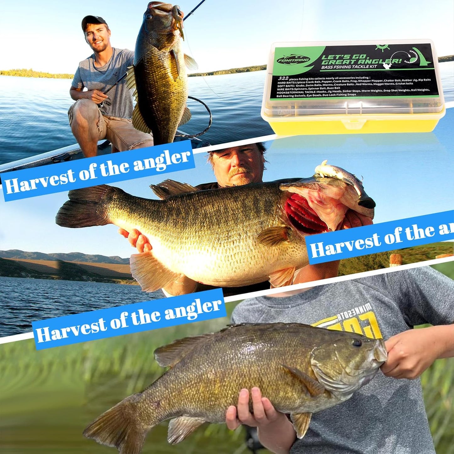 322-Piece Fishing Lures Kit - Buzz Bait/Spinner Baits/Jig/Frog, Fishing Tackle Box with Tackle Included, Soft Bait/Hooks/Weights, Fishing Gear Lure Kit Gift for Men Freshwater Bass Trout