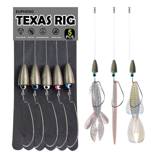 Eupheng Texas Rigs for Bass Fishing, Pre-Rigged Leader Line with Weights Hooks Barrel Swivel Kit Fishing Ready Texas Rig for Bass Perch 5PCS