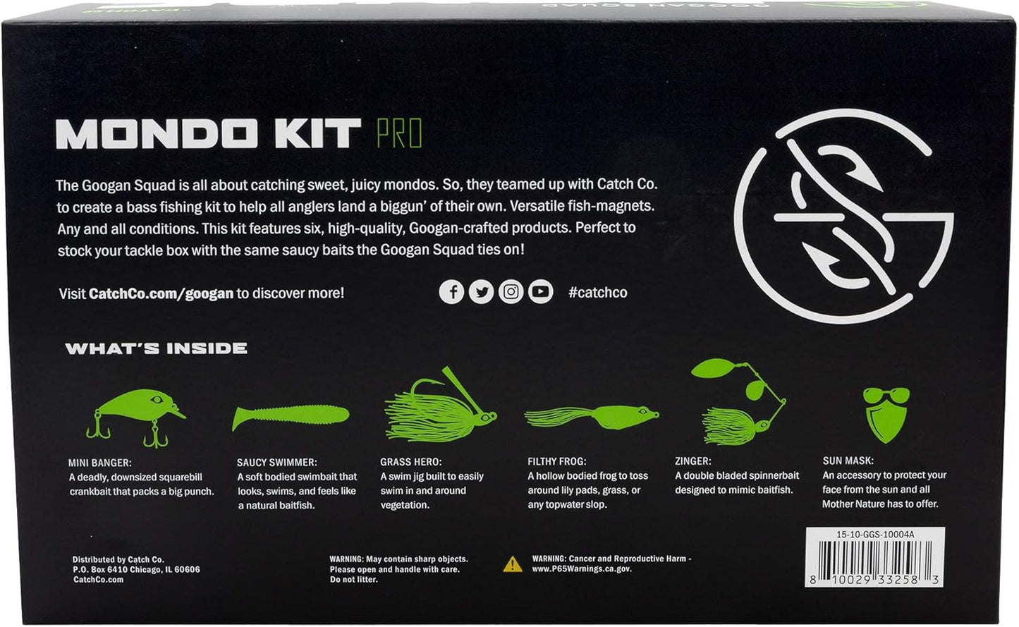 Catch Co Googan Squad Bass Fishing Mondo Kit PRO | Googan Squad Mini Banger, Zinger, Grass Hero, Filthy Frog, Saucy Swimmer, and Necko Sun Mask