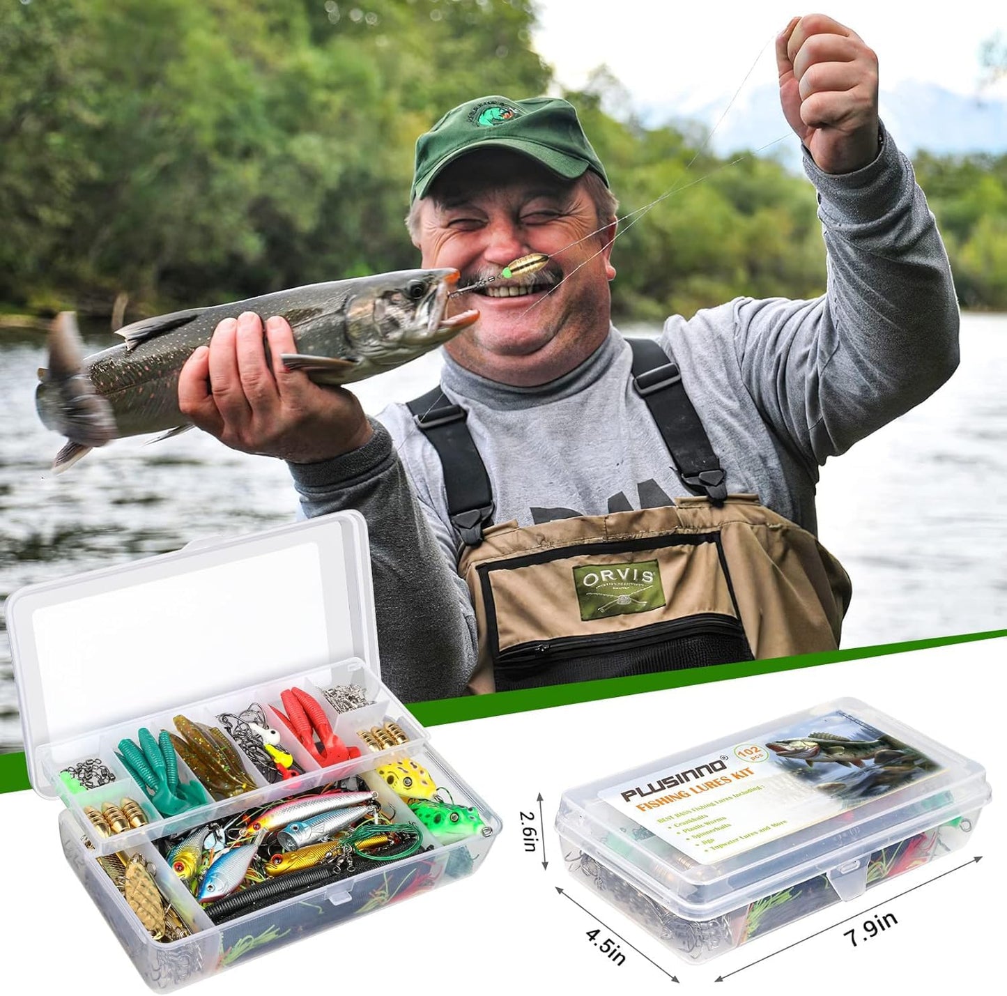 PLUSINNO Fishing Lures Baits Tackle Including Crankbaits, Spinnerbaits, Plastic Worms, Jigs, Topwater Lures, Tackle Box and More Fishing Gear Lures Kit Set, 102/302Pcs Fishing Lure Tackle