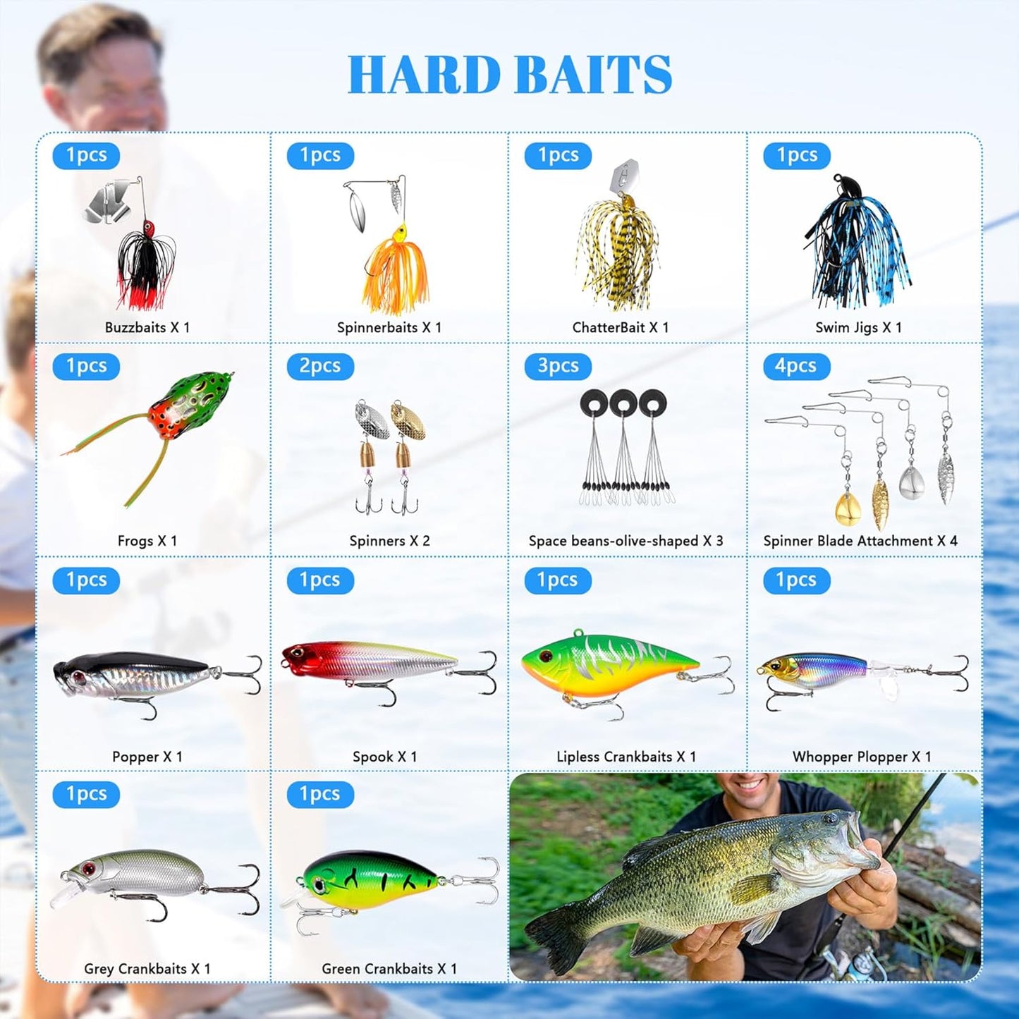 322-Piece Fishing Lures Kit - Buzz Bait/Spinner Baits/Jig/Frog, Fishing Tackle Box with Tackle Included, Soft Bait/Hooks/Weights, Fishing Gear Lure Kit Gift for Men Freshwater Bass Trout