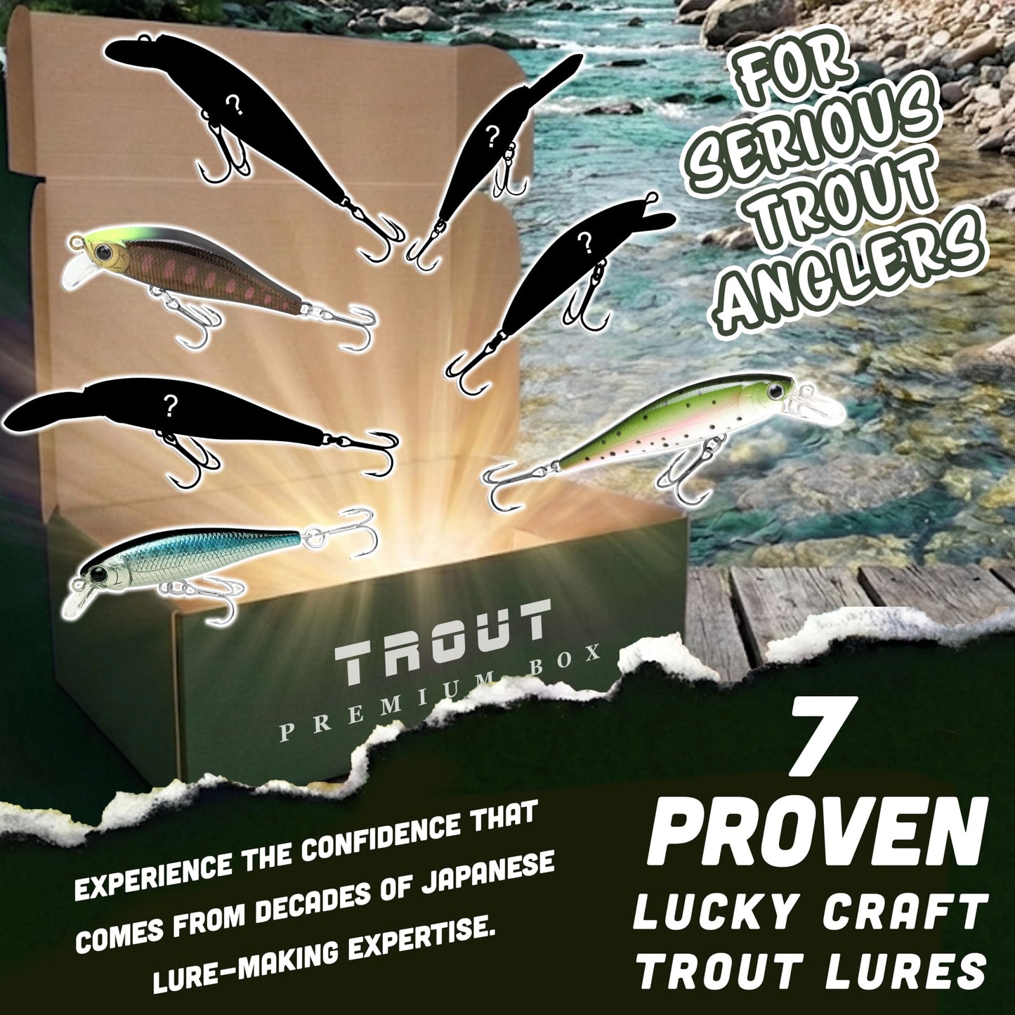 LUCKY CRAFT Premium Fishing Box, Pack of 7 Fishing Lures for Saltwater and Freshwater Fish Including | Bass | Trout | Pike | Musky | Walleye | Halibut | Striped Bass | Seabass |