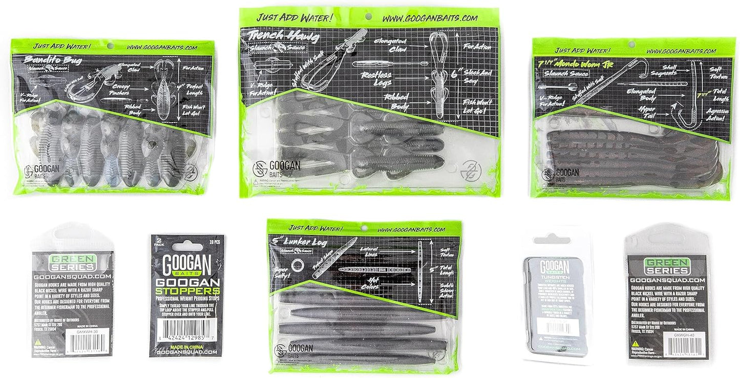 GOOGAN BAITS Texas Rig Bundle - Complete Bass Fishing Kit with Soft Plastic Lures, Hooks, Weights, & Accessories