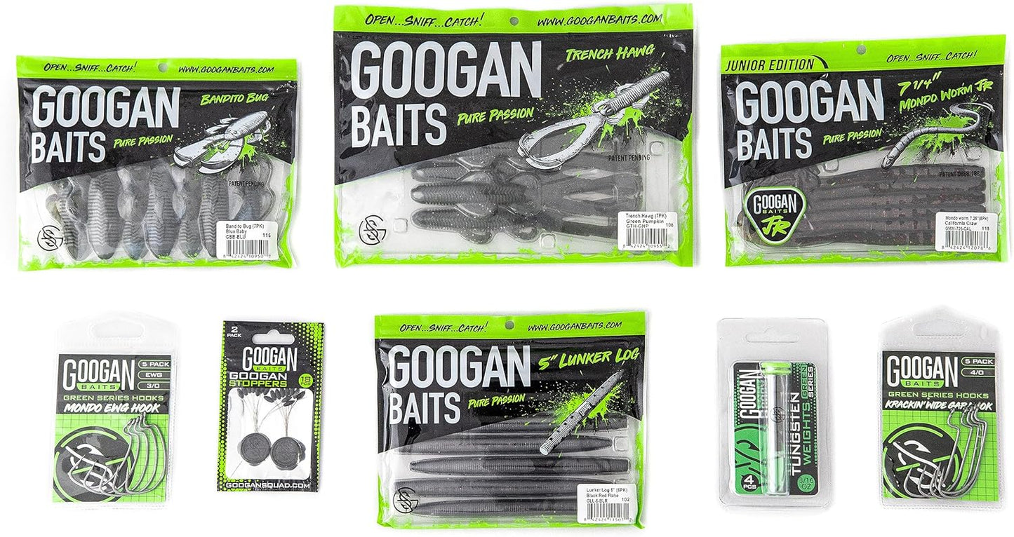 GOOGAN BAITS Texas Rig Bundle - Complete Bass Fishing Kit with Soft Plastic Lures, Hooks, Weights, & Accessories