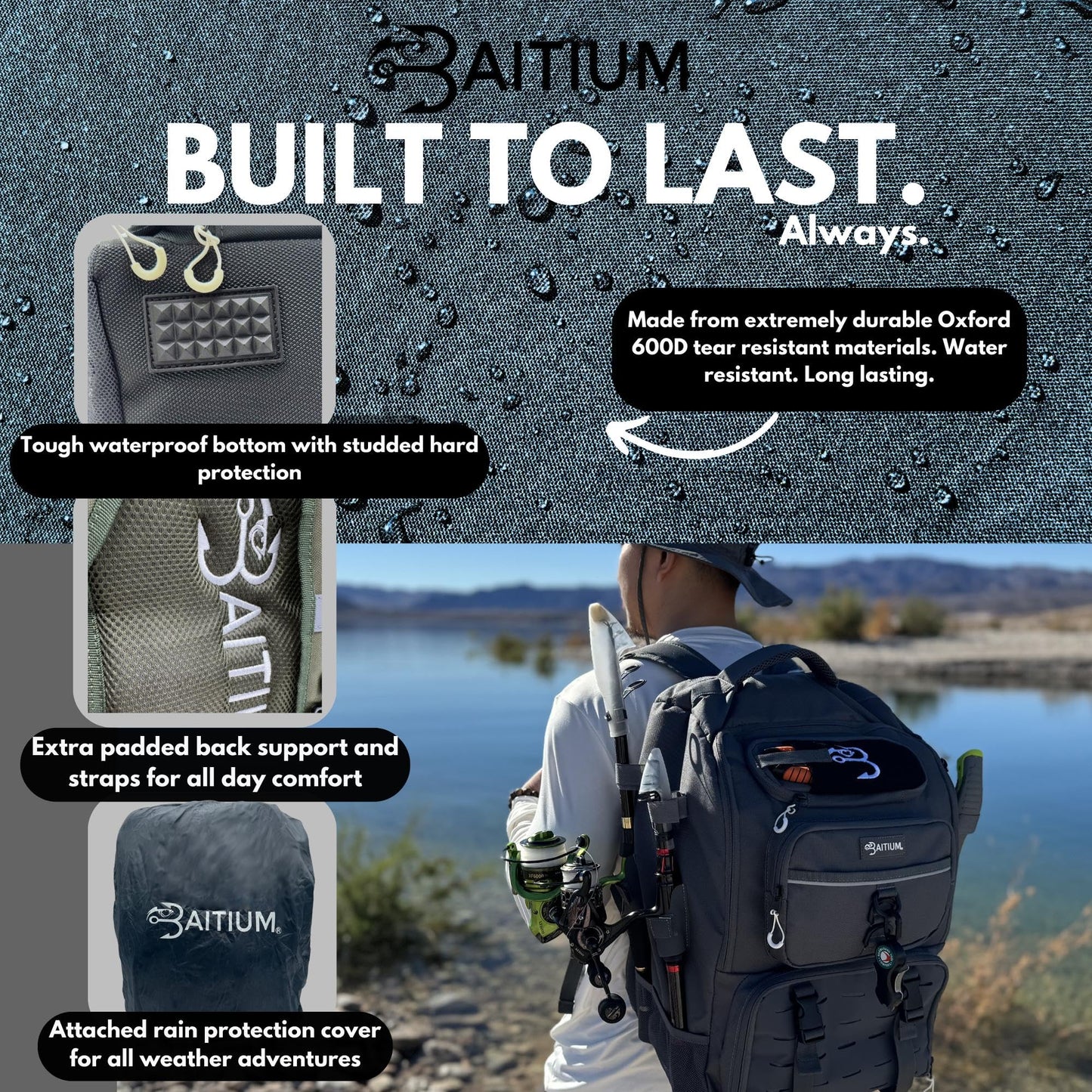 Baitium Fishing Backpack, Tackle Bag With Rod Holders, 40L Capacity With Cooler, Rain Cover, Insulated Pocket, 4 Tackle Trays Included- (Green)